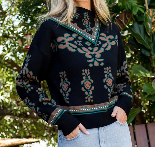 Long Sleeve Print  Sweater - Black