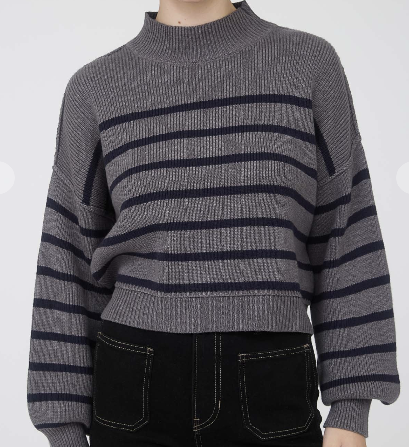 Stripe Mock Neck Drop Shoulder Knit Sweater - Charcoal