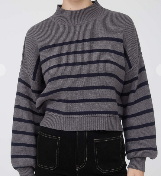 Stripe Mock Neck Drop Shoulder Knit Sweater - Charcoal