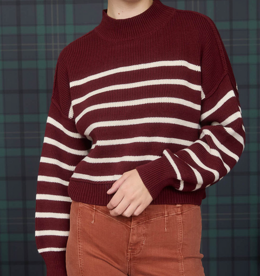 Stripe Mock Neck Drop Shoulder Knit Sweater - Oxblood