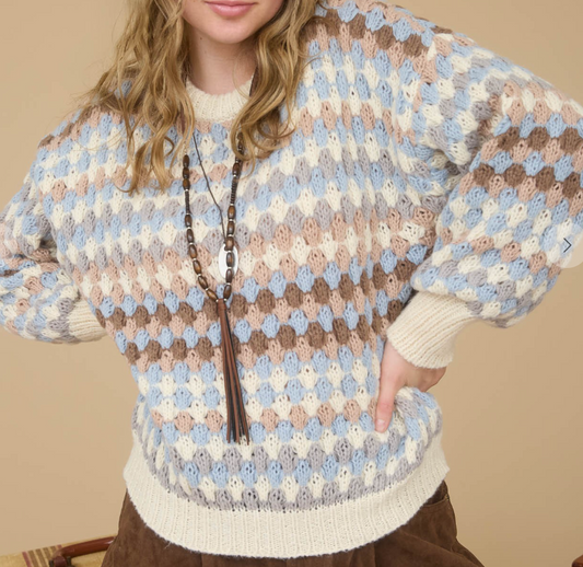 Multicolor Knit Crewneck Pullover Sweater