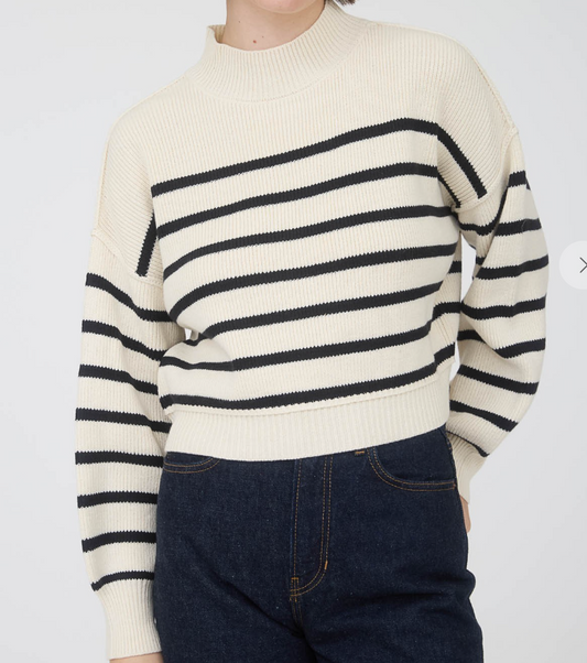 Stripe Mock Neck Drop Shoulder Knit Sweater