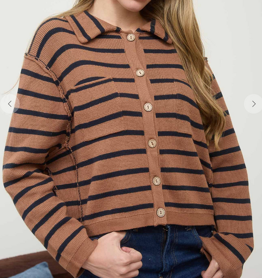 Stripe Collared Exposed Seam Long Sleeve Cardigan