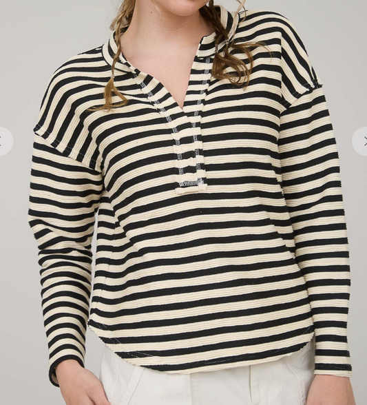 Textured Stripe Split Neck Long Sleeve Knit Top