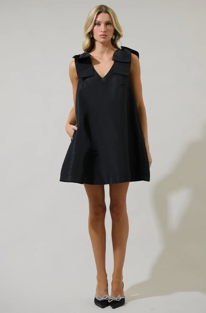 Alani Bow Trapeze Mini Dress-Black