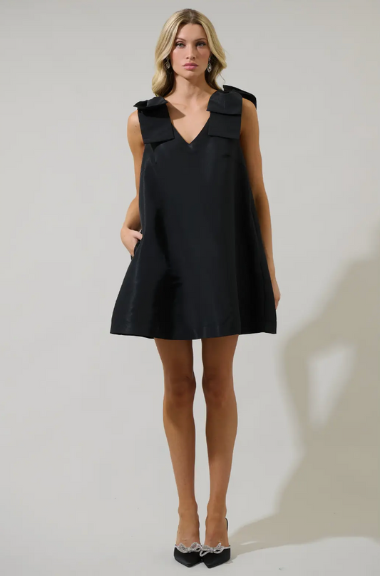 Alani Bow Trapeze Mini Dress-Black