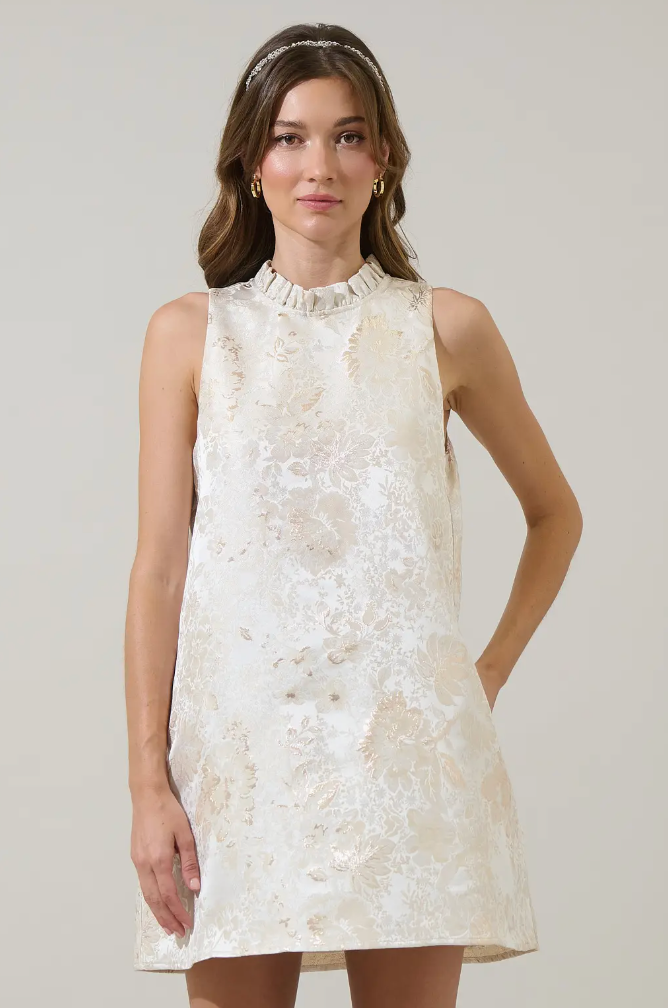 Jaiyana Jacquard Benson Trapeze Mini Dress-Champagne
