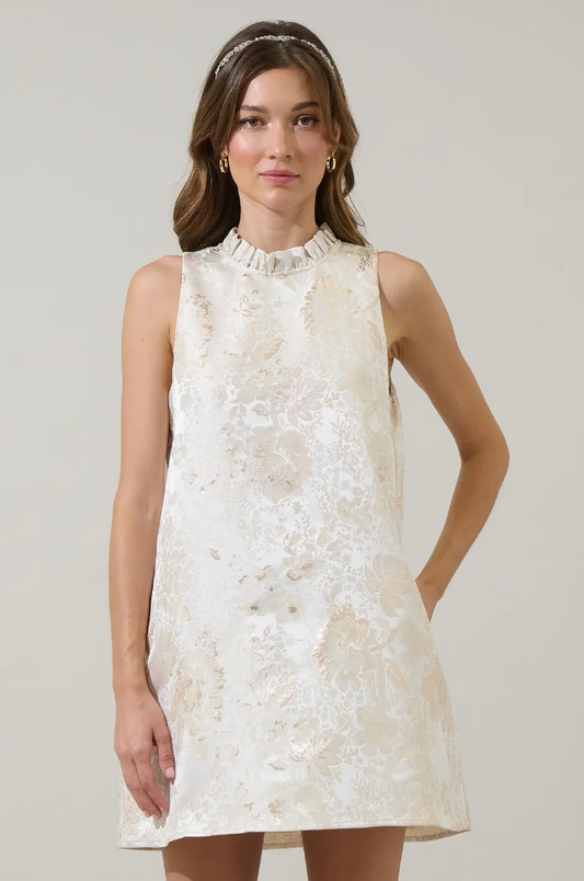 Jaiyana Jacquard Benson Trapeze Mini Dress-Champagne