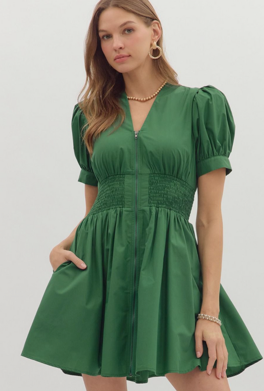 Zip Up Cinch Dress-Hunter Green