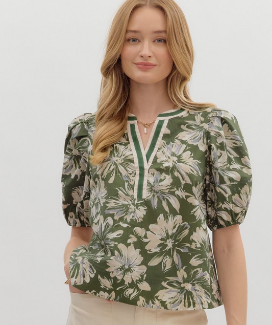 Betty Floral Top-Olive