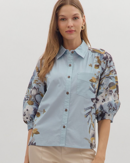 Floral Cuff Blouse-Chambray
