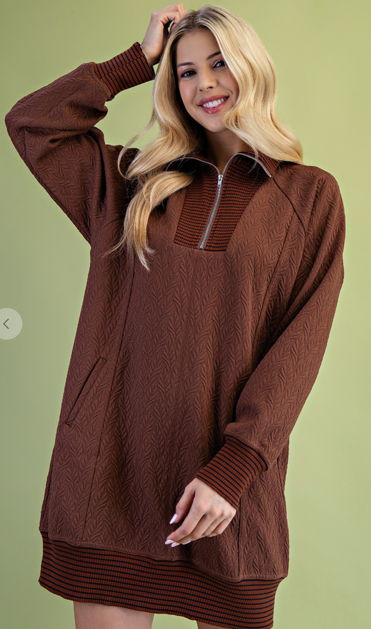 Textured Half Zip Dress With Mock Neck-Brown