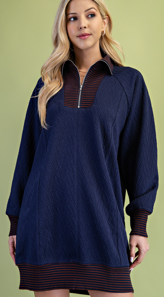 Textured Half Zip Dress With Mock Neck-Navy
