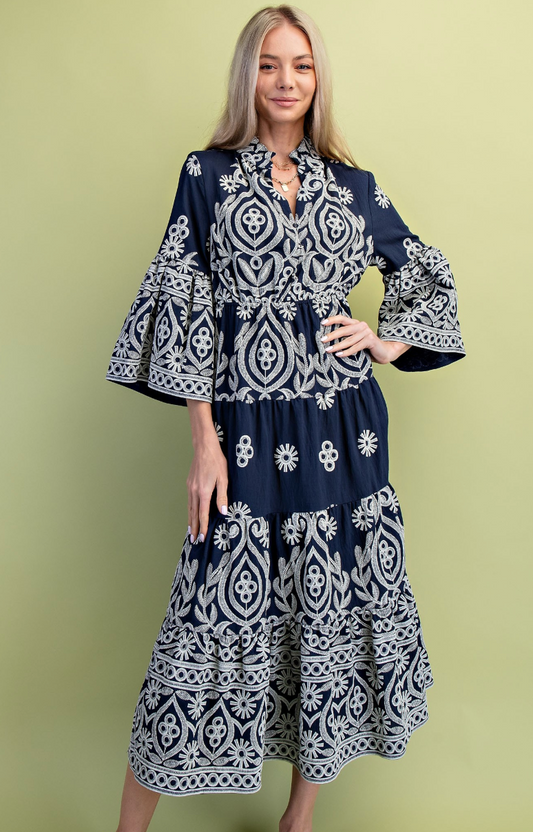 Textured Print Tiered Dress-Navy