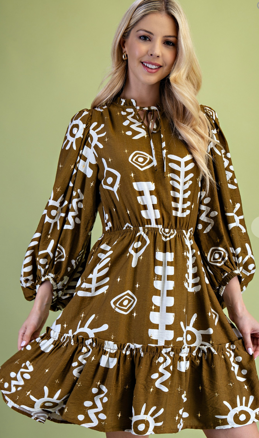 Gold Foil Abstract Print Tiered Dress