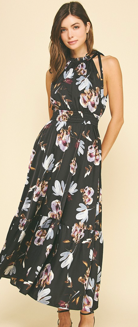 Floral Halter Neck Tiered Dress