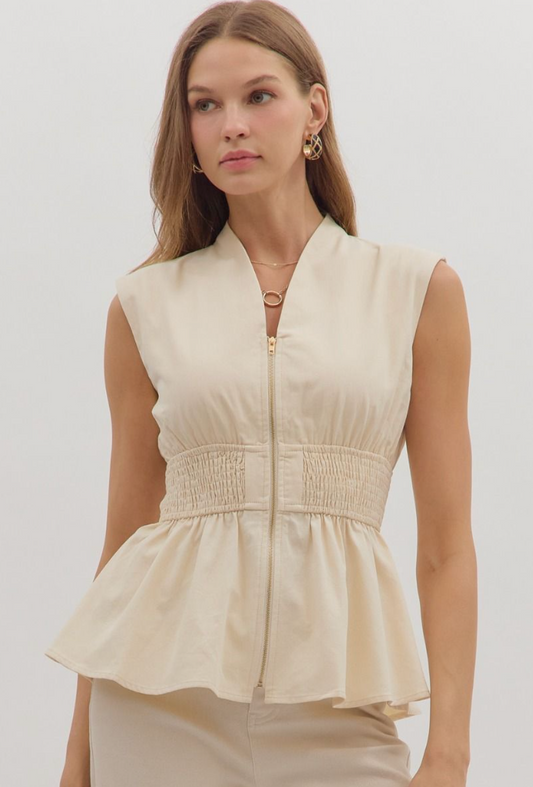 Sleeveless Front Zip Top- Cream