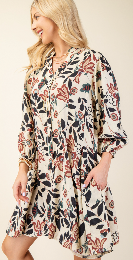 Floral Printed 3/4 Sleeve Shirt Dress