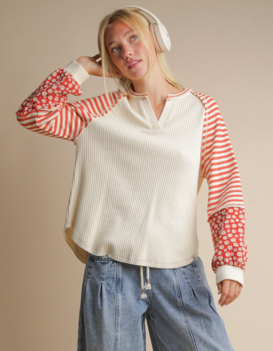 Oversized Floral & Stripe Casual Knit Top
