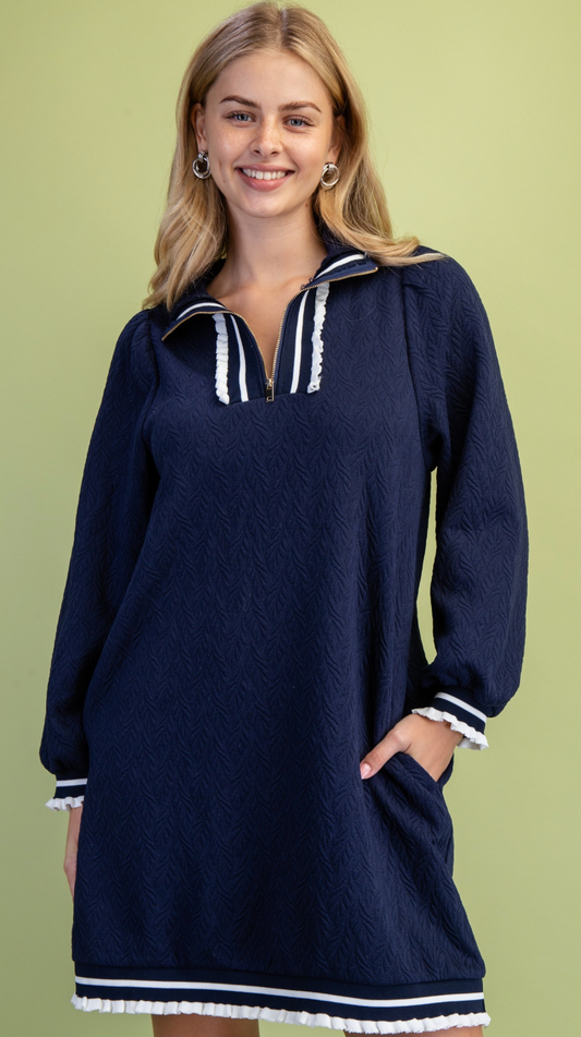 Textured Half Zip Dress-Navy