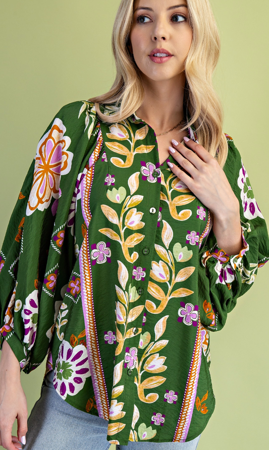 Floral Print Loose Fit Button Down Shirt-Olive