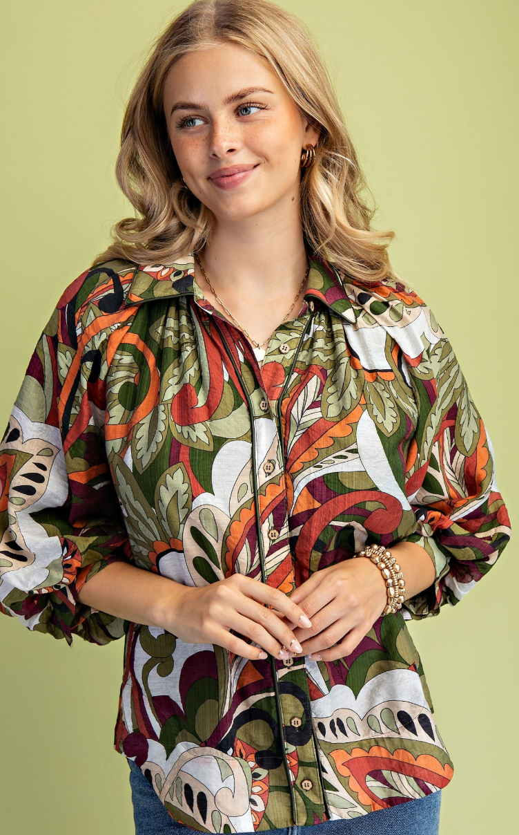 Printed Button Down Raglan Puff Sleeve Top-Olive