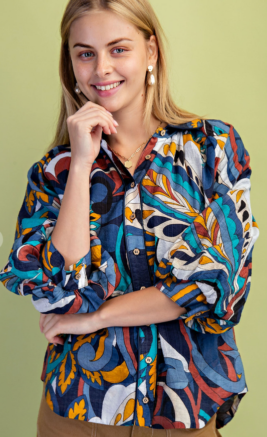 Printed Button Down Raglan Puff Sleeve Top-Indigo