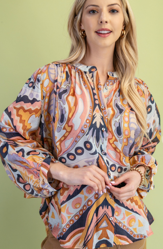Printed Loose Fit Button Down Blouse-Navy/Mint
