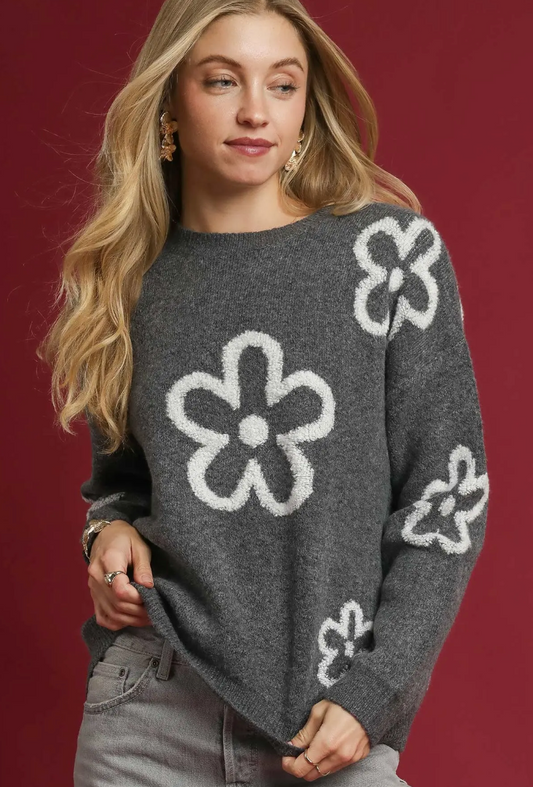 Floral Sweater-Charcoal