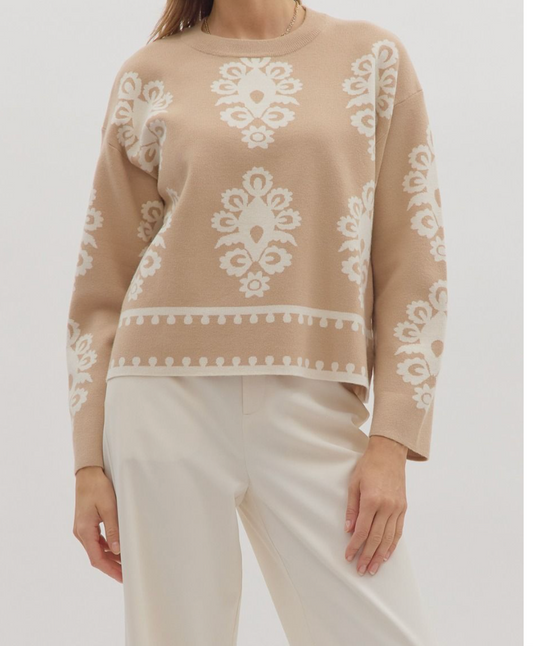 Printed Sweater Top - Beige