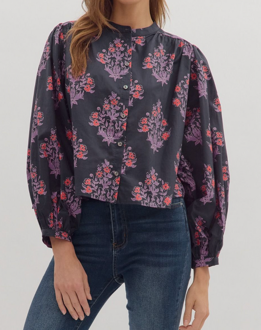 Floral Puff Long Sleeve Top - Navy