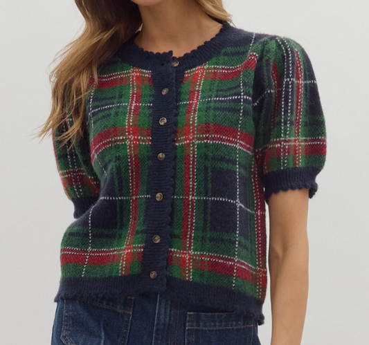 Plaid Puff Sleeve Sweater - Navy