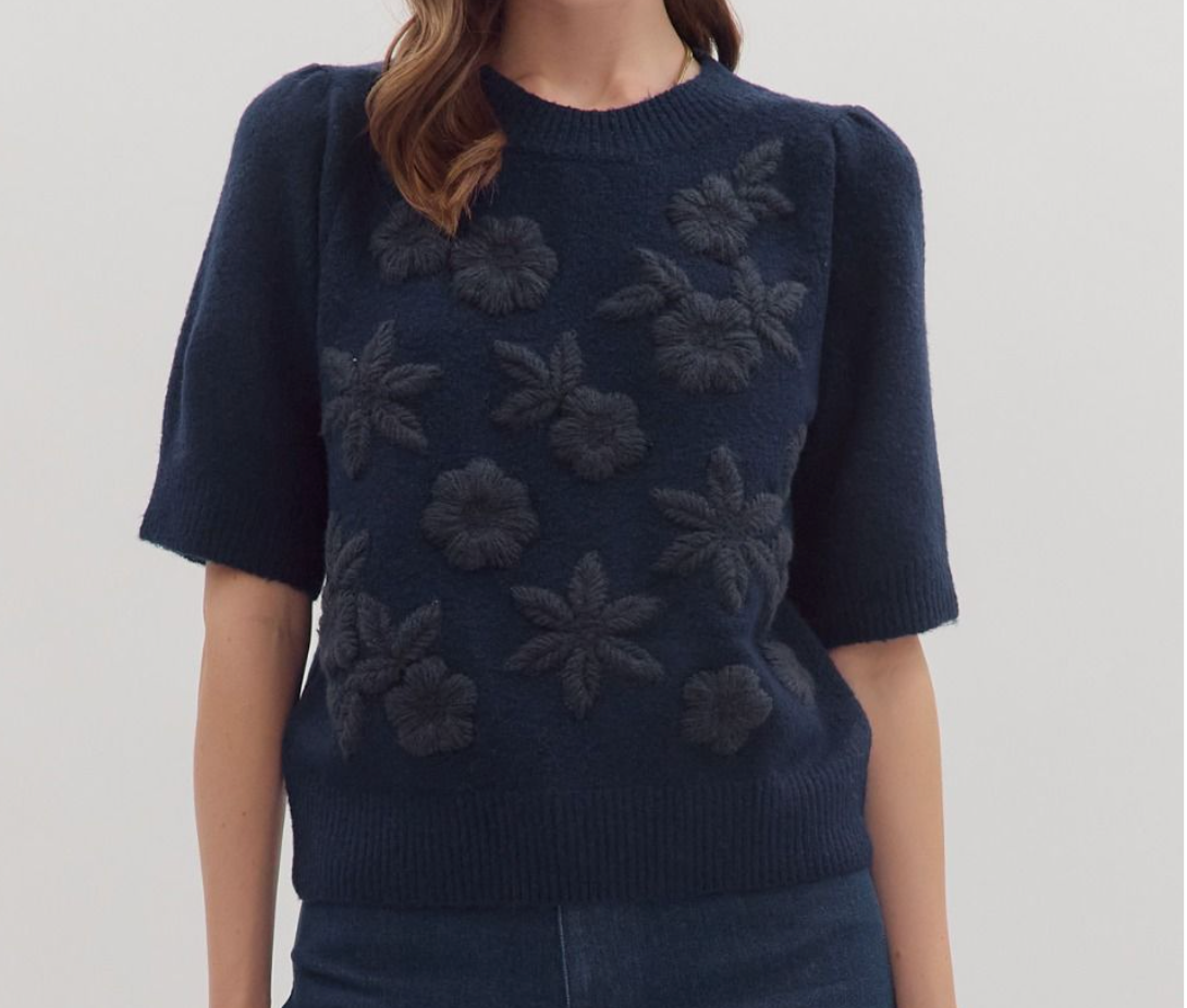 Floral Knit Top - Navy