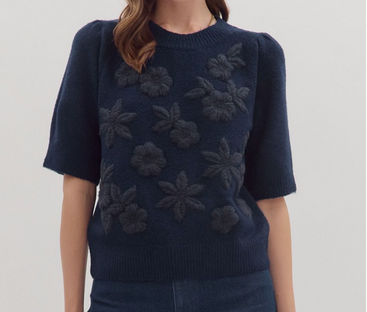 Floral Knit Top - Navy