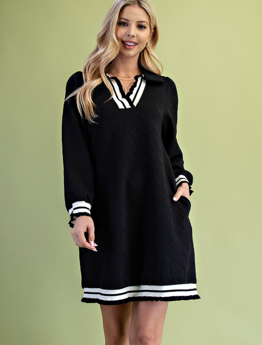Textured V-neck Dress With A Collar- BLACK