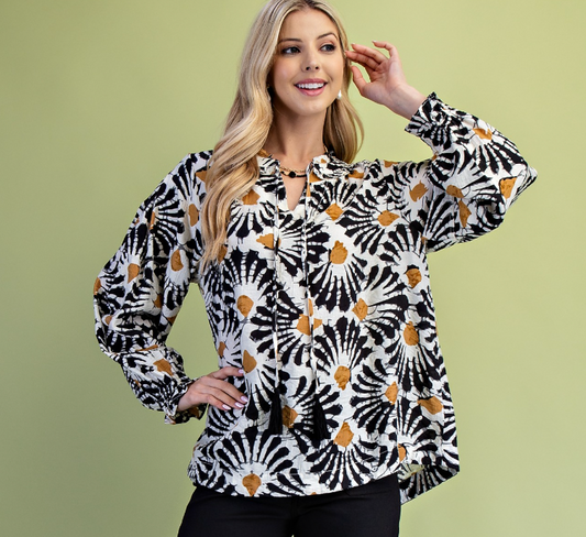 Dye-effect Floral Print Blouse- BLACK MIX