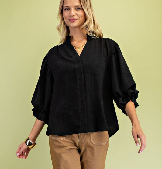 3/4 Length Gathered Balloon Sleeve Blouse- BLACK