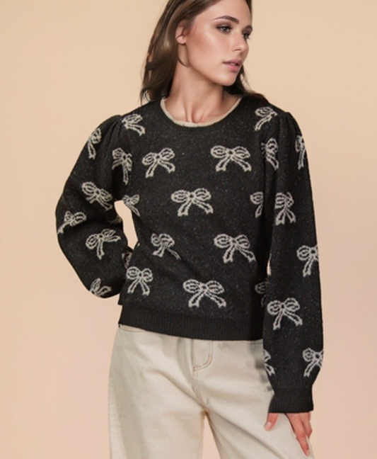 Bow Printed Sweater- BLACK