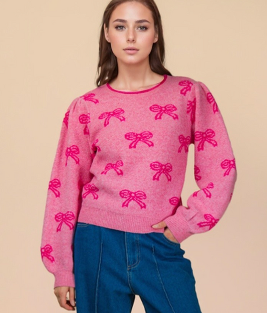 Bow Printed Sweater- PINK