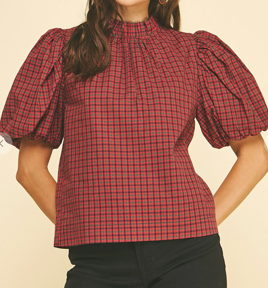 Ruffled Plaid Mock Neck Blouse