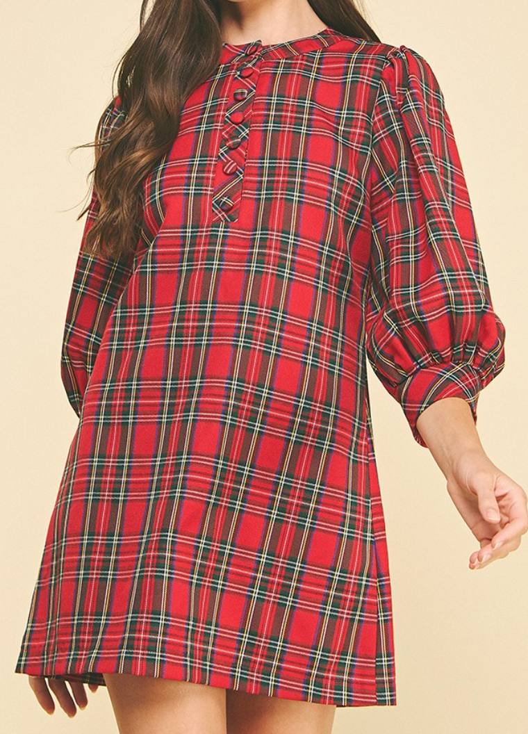 Plaid Button Down Mini Dress - Red