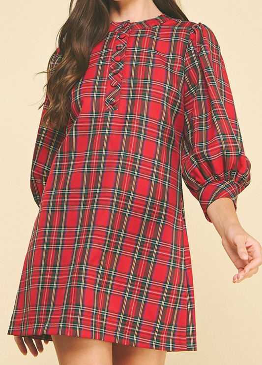 Plaid Button Down Mini Dress - Red