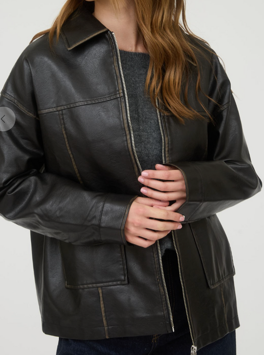 Washed Faux Leather Jacket - Black