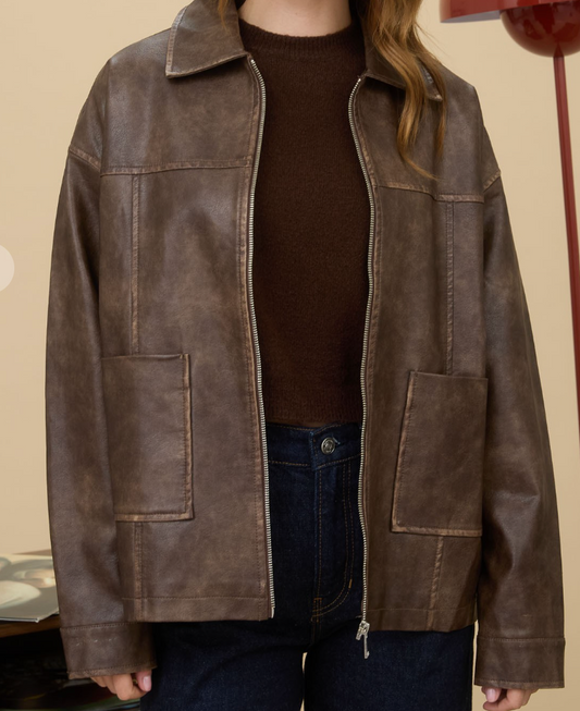 Washed Faux Leather Jacket - Brown
