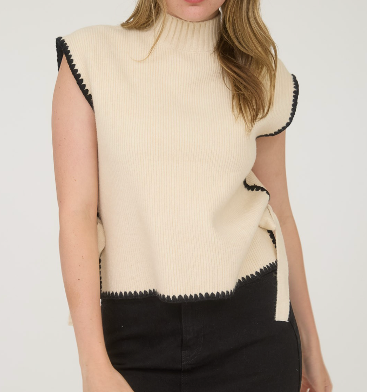 Mock Neck Stitch Side Sweater Top - Oatmeal