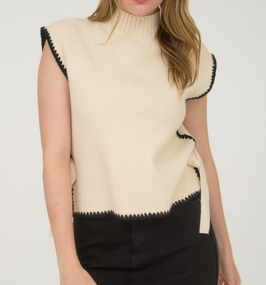 Mock Neck Stitch Side Sweater Top - Oatmeal