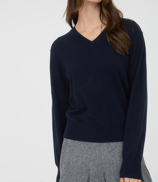 V Neck Solid Knit Sweater - Navy