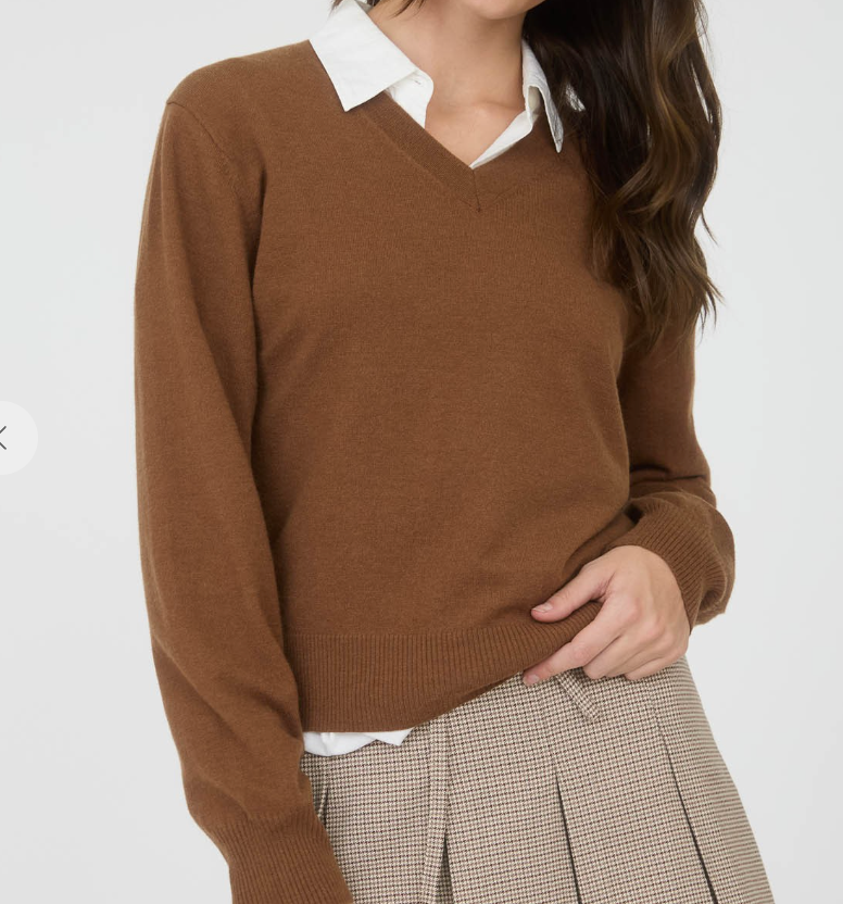 V Neck Solid Knit Sweater - Brown