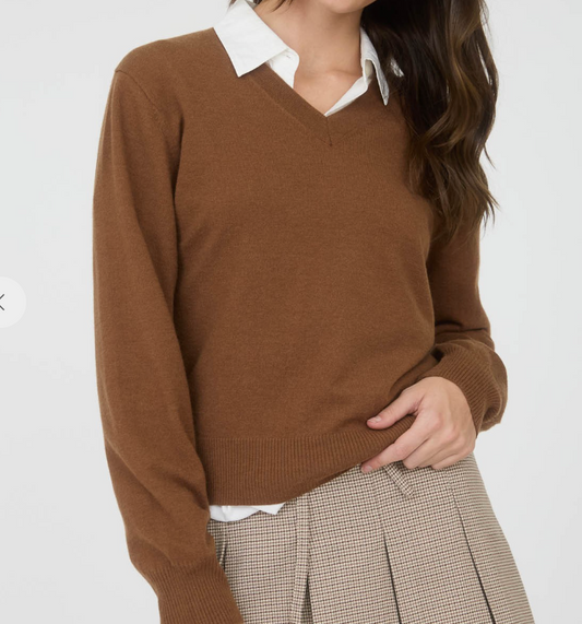 V Neck Solid Knit Sweater - Brown
