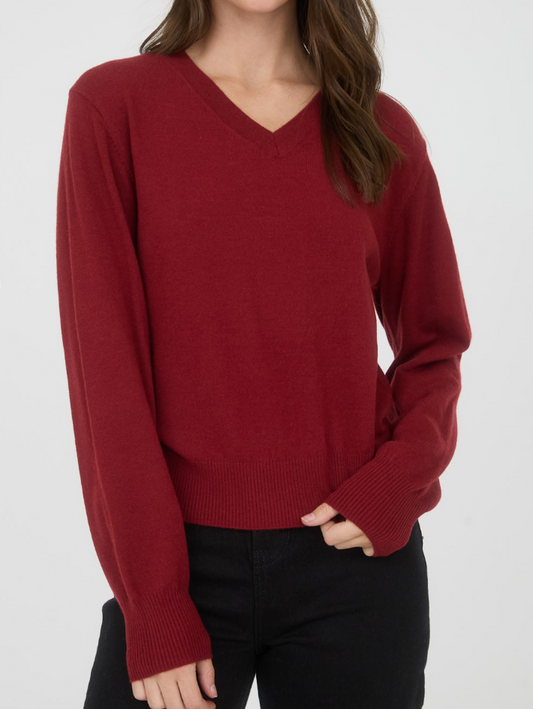 V Neck Solid Knit Sweater - Deep Red